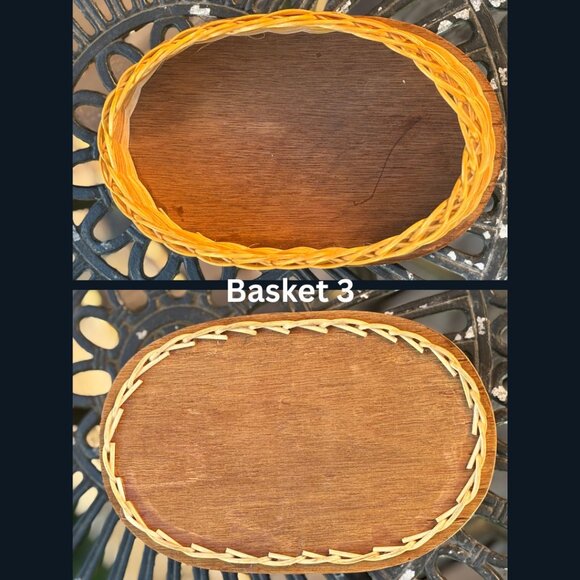 Vintage Wicker Basket Set of 3 Oval Shaped Boho Storage Bins with Wood Bases - Picture 11 of 11